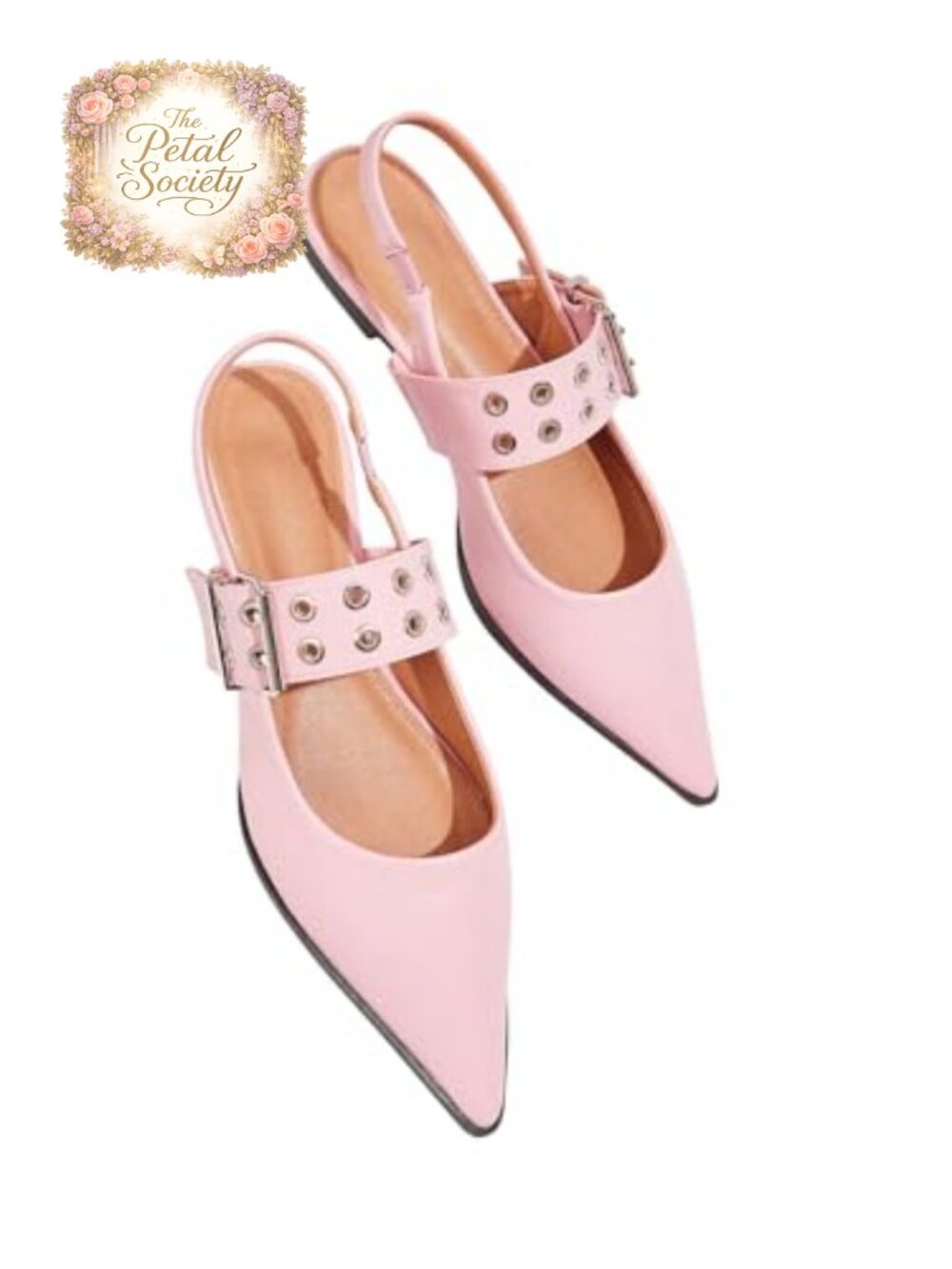 PU Leather Pointed Toe Slingback Flats with Buckled Ankle Straps